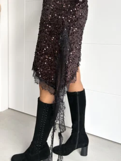 Vestido Lencero Lentejuelas Asimétrico Marrón - Imagen 9