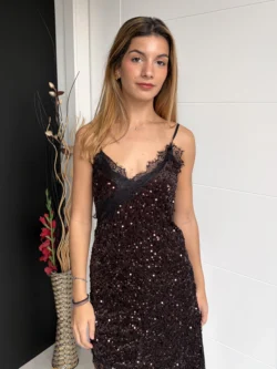 Vestido Lencero Lentejuelas Asimétrico Marrón - Imagen 3