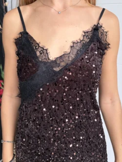 Vestido Lencero Lentejuelas Asimétrico Marrón - Imagen 11