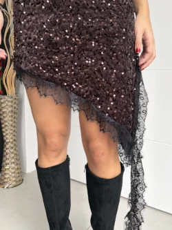 Vestido Lencero Lentejuelas Asimétrico Marrón - Imagen 10