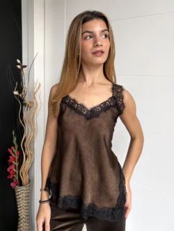 Top Raso Encaje Marrón Chocolate