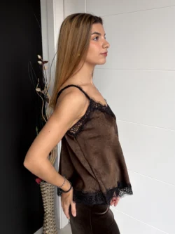 Top Raso Encaje Marrón Chocolate - Imagen 3