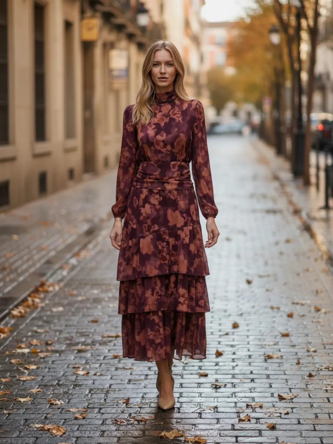 Vestido Largo Volantes en Tonos Tierra