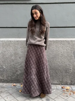 Falda Larga Pana Planchada Cuadros Marrón