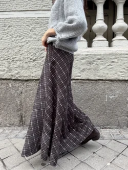 Falda Larga Pana Planchada Cuadros Grisácea - Imagen 3