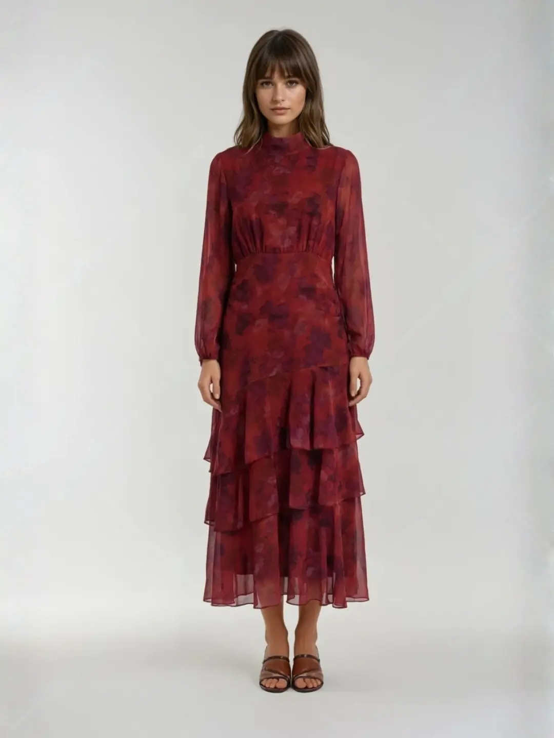 Vestido Largo Volantes en Tonos Cerezas