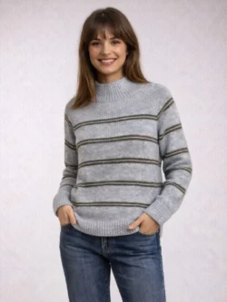 Suéter Gris de Punto con Rayas Cuello Chimenea