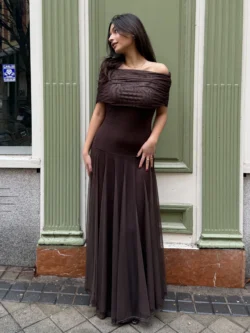 Vestido Largo Marrón Chocolate Escote Bardot - Imagen 2