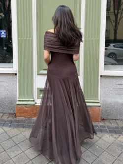 Vestido Largo Marrón Chocolate Escote Bardot - Imagen 7