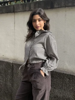 Blusa Cuadros Vichy Marrón Cuello Bebé - Imagen 4