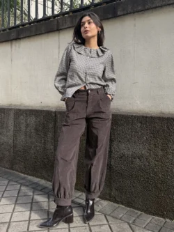 Blusa Cuadros Vichy Marrón Cuello Bebé - Imagen 5