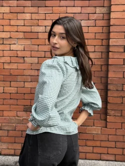 Blusa Cuadros Vichy Verde Cuello Bebé - Imagen 6