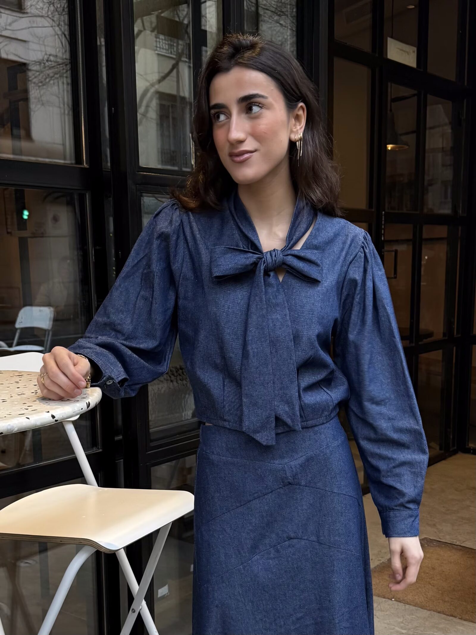 Blusa Denim Azul con Lazo