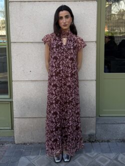 Vestido Xiu Largo Marrón  Floral de Tul
