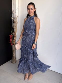 Vestido Largo Halter Paisley Azul
