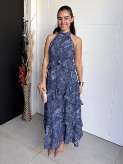 Vestido Largo Halter Paisley Azul - Imagen 3