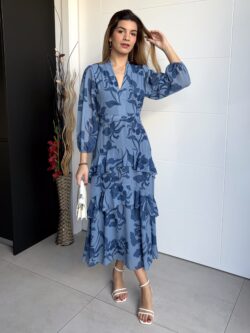 Vestido Midi Volantes Floral Azul Acero