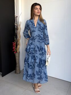Vestido Midi Volantes Floral Azul Acero - Imagen 4