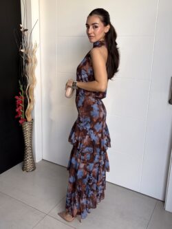 Falda Larga Volantes Estampada Marrón Chocolate - Imagen 4