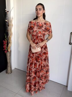 Vestido Largo Bardot Floral Teja - Imagen 6