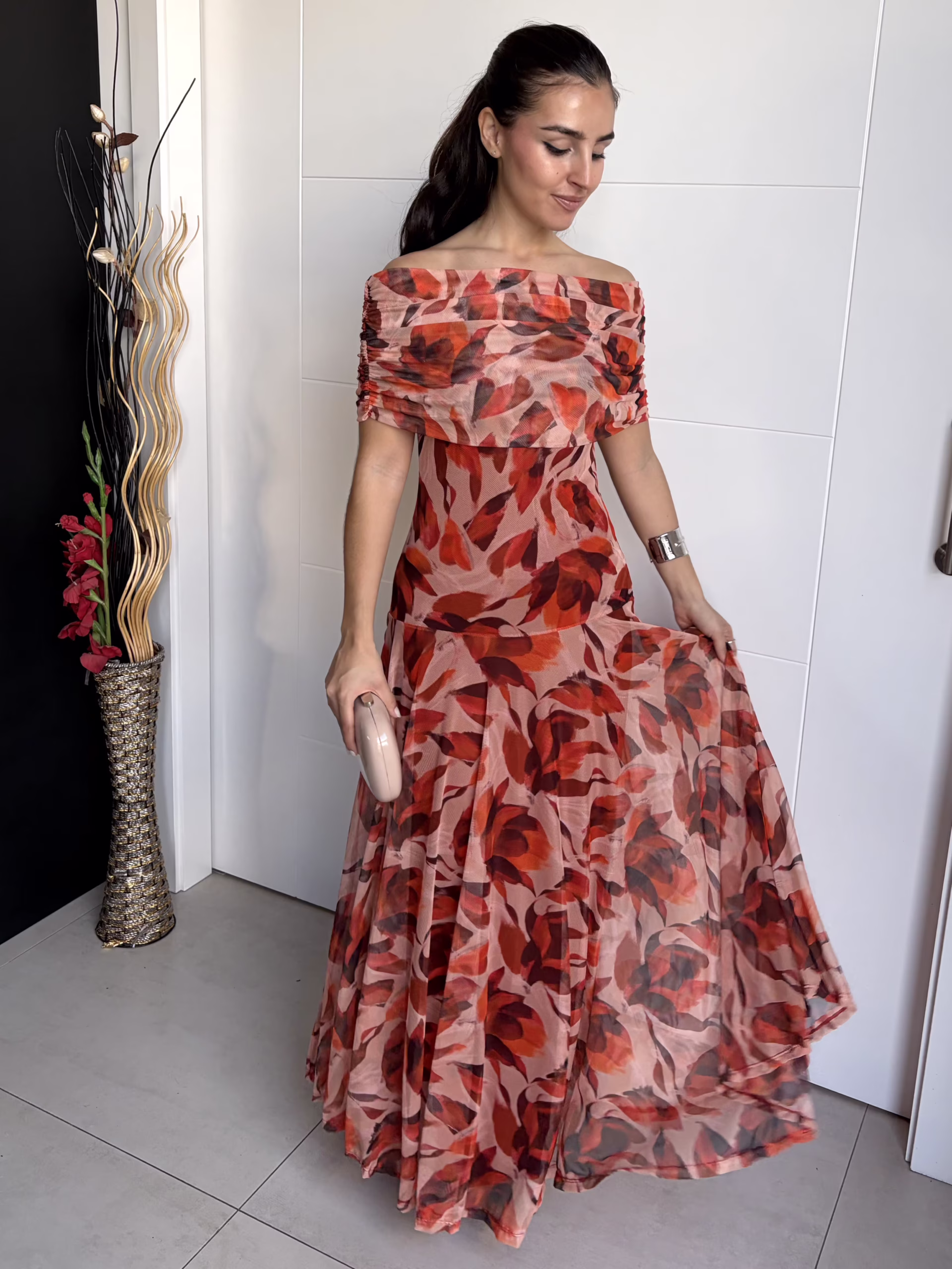 Vestido Largo Bardot Floral Teja Vestido Largo Bardot Floral Teja