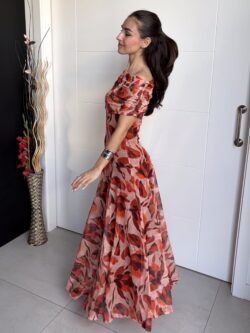 Vestido Largo Bardot Floral Teja - Imagen 4