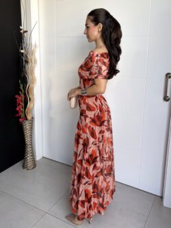 Vestido Largo Bardot Floral Teja - Imagen 3