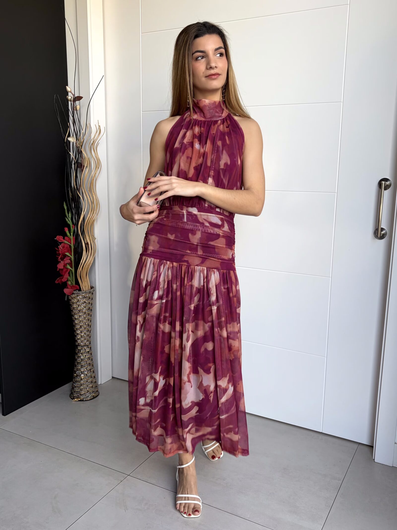 Vestido Midi Halter Frambuesa y Coral