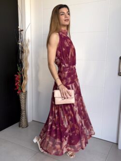 Vestido Midi Halter Frambuesa y Coral - Imagen 4