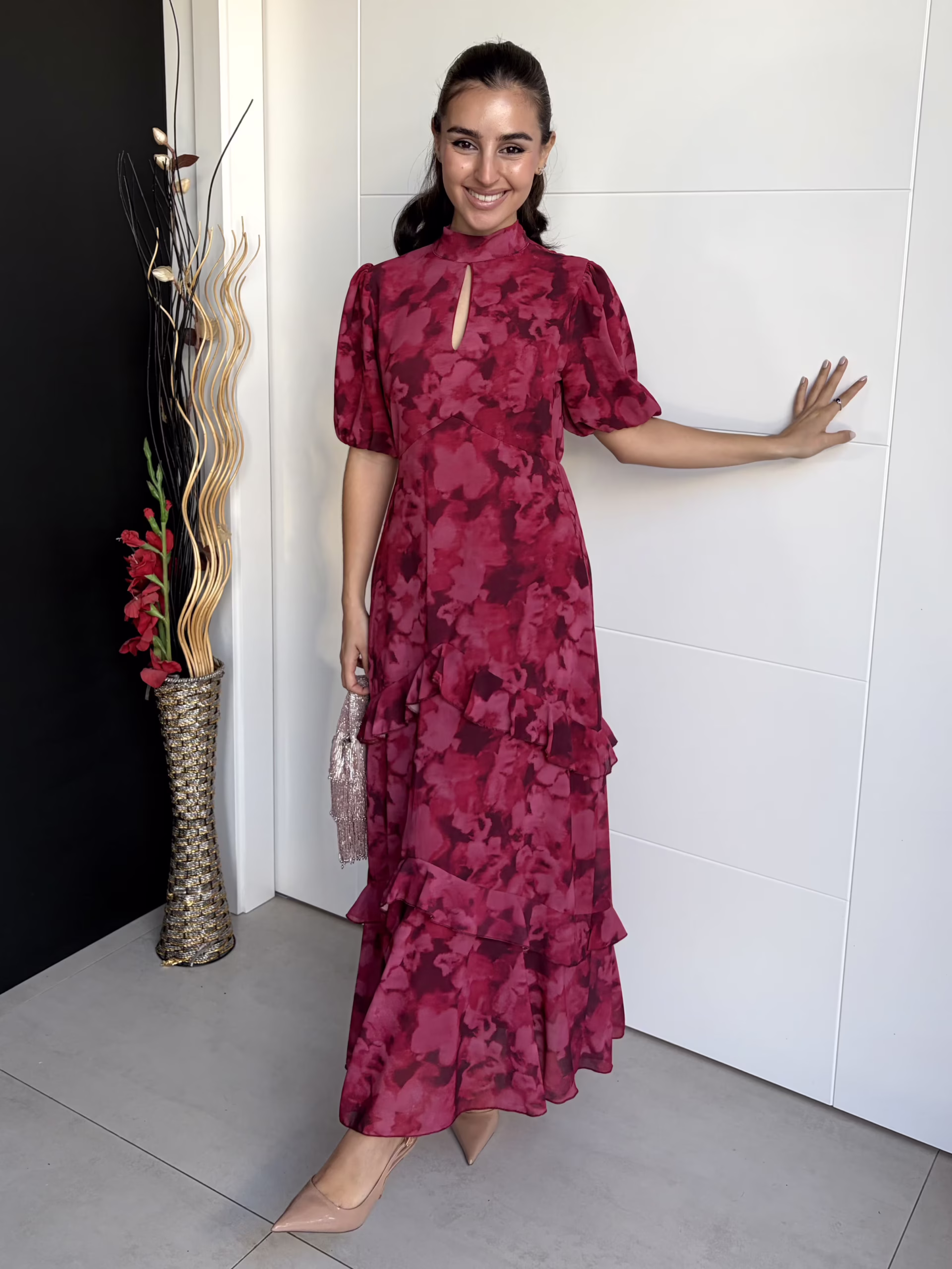 Vestido Midi Frambuesa Escote Gota Vestido Midi Frambuesa Escote Gota