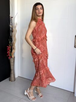 Vestido Largo Halter Paisley Coral Tostado - Imagen 3
