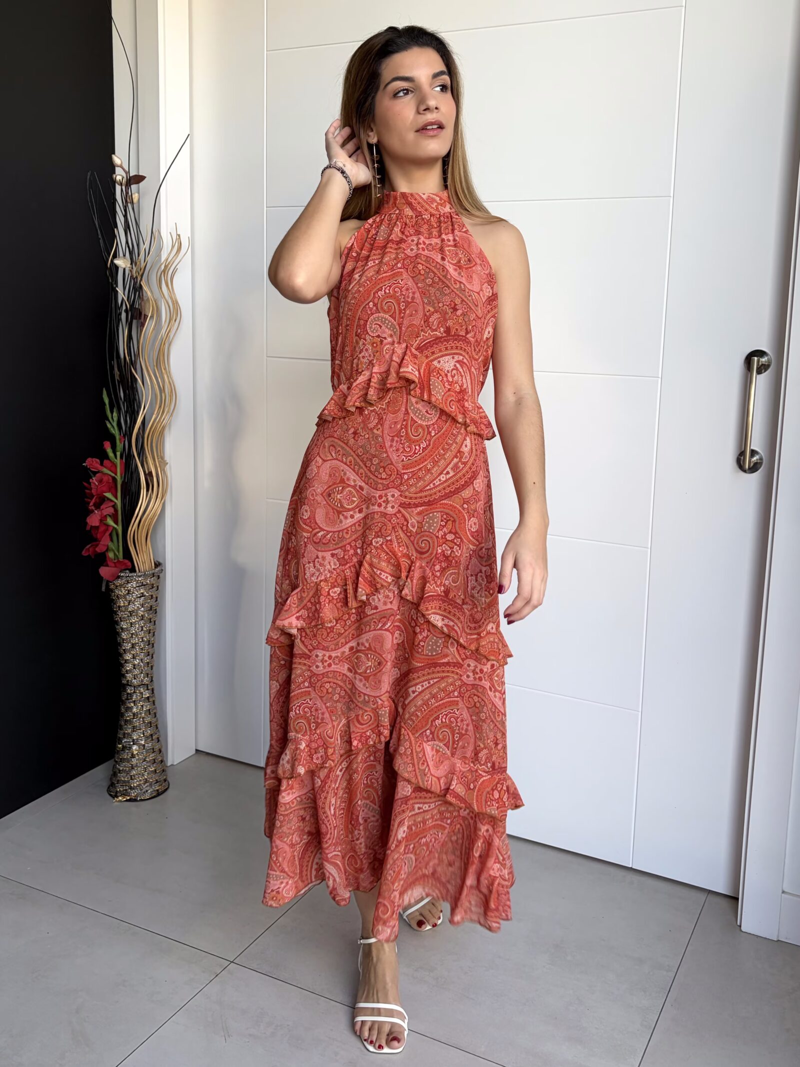Vestido Largo Halter Paisley Coral Tostado