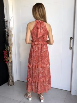 Vestido Largo Halter Paisley Coral Tostado - Imagen 7
