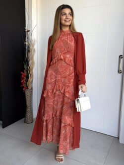 Vestido Largo Halter Paisley Coral Tostado - Imagen 13