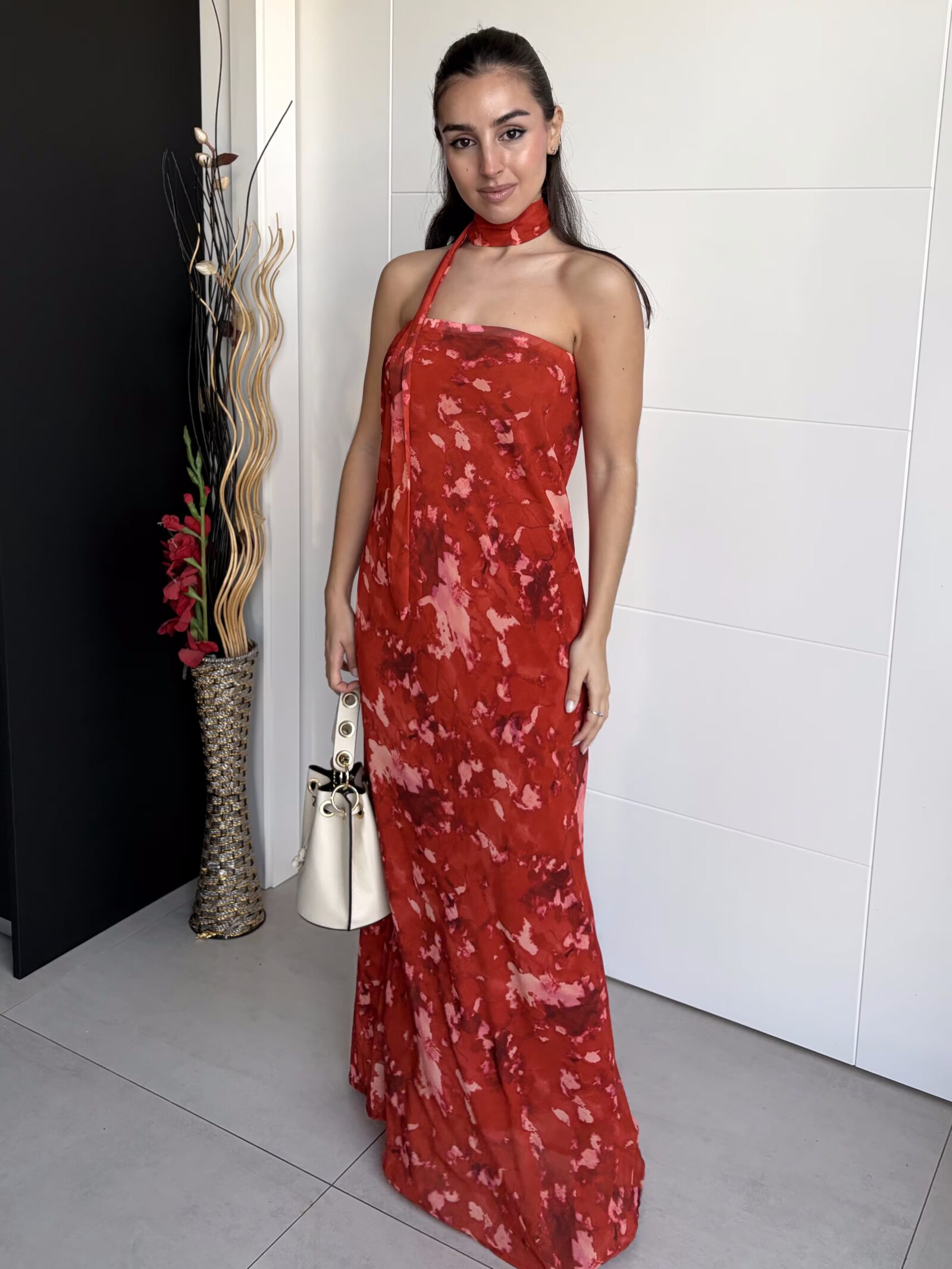 Vestido Largo Palabra de Honor Estampado Teja