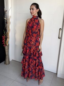 Falda Larga Volantes Estampada Rojo Amapola