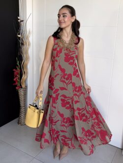 Vestido Largo Floral Frambuesa y Arena Tostada