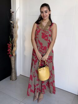 Vestido Largo Floral Frambuesa y Arena Tostada - Imagen 6