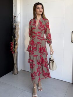 Vestido Midi Volantes Asimétricos Frambuesa y Arena Tostada