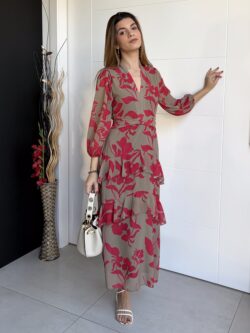 Vestido Midi Volantes Asimétricos Frambuesa y Arena Tostada - Imagen 4