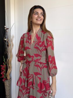 Vestido Midi Volantes Asimétricos Frambuesa y Arena Tostada - Imagen 2