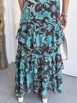Falda Larga Volantes Estampada Turquesa y Chocolate - Imagen 2