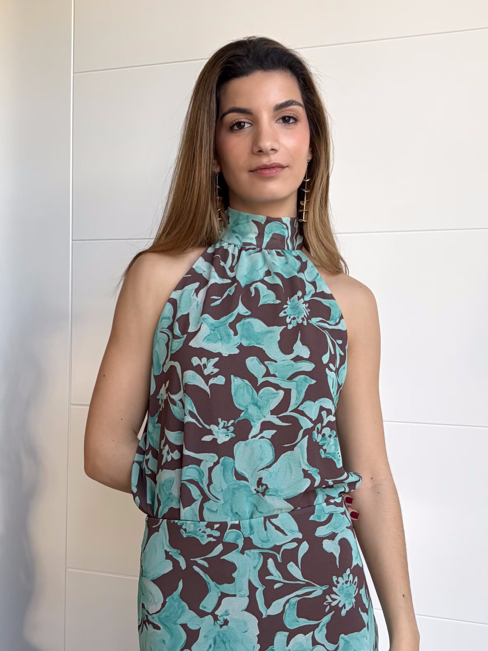 Blusa Halter Estampada Turquesa