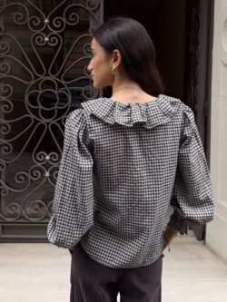 Blusa Cuadros Vichy Marrón Cuello Bebé - Imagen 3