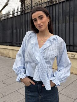 Blusa Cuadros Vichy Azul con Volantes