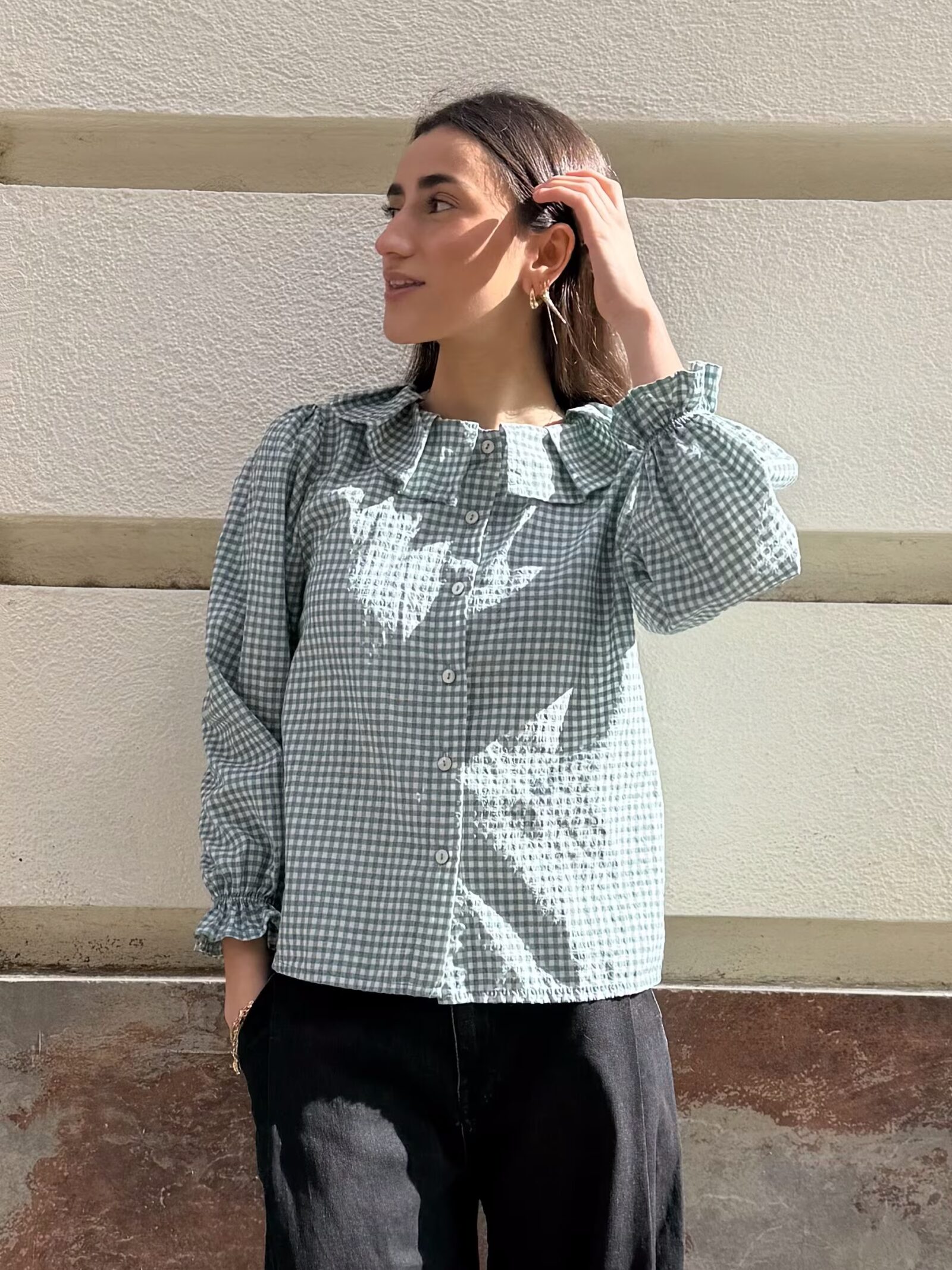 Blusa Cuadros Vichy Verde Cuello Bebé