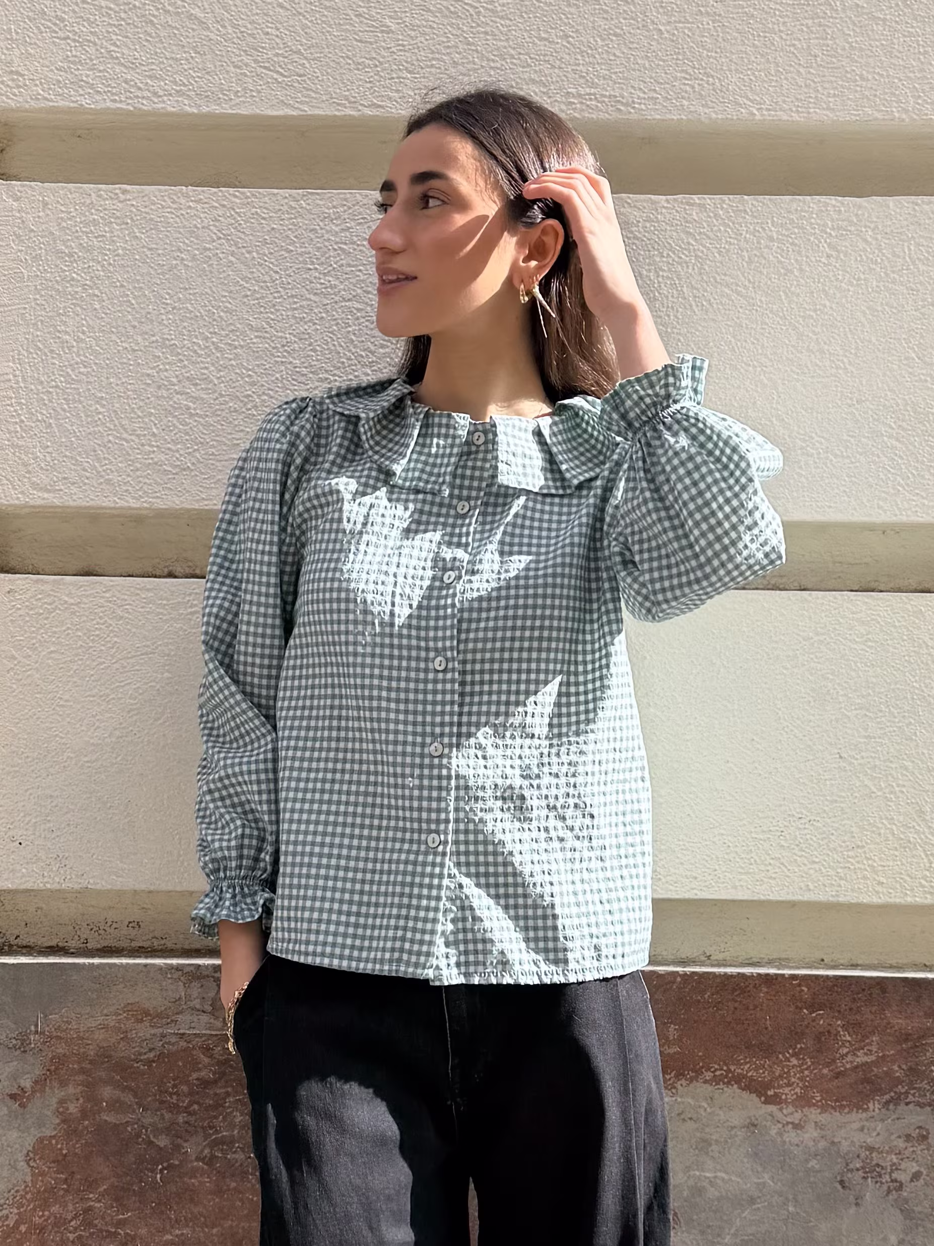 Blusa Cuadros Vichy Verde Cuello Bebé Blusa Cuadros Vichy Verde Cuello Bebé
