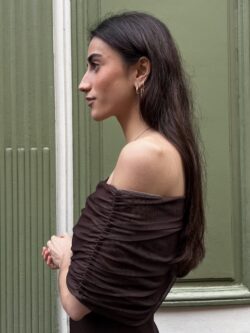 Vestido Largo Marrón Chocolate Escote Bardot - Imagen 6