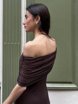 Vestido Largo Marrón Chocolate Escote Bardot - Imagen 5