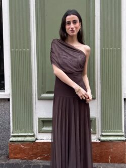 Vestido Largo Marrón Chocolate Escote Bardot - Imagen 3